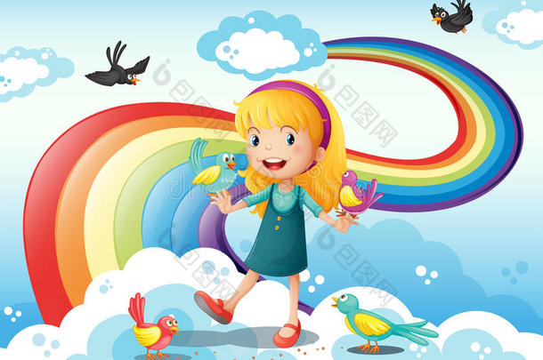 彩虹附近天空中的一个女孩和一群鸟