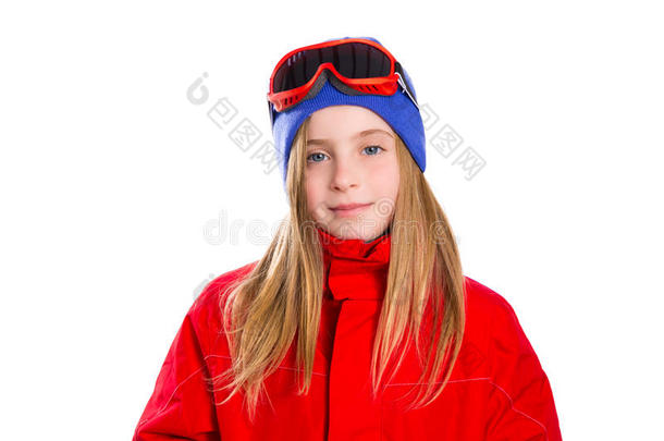 金发女孩冬季肖像滑雪雪地眼镜