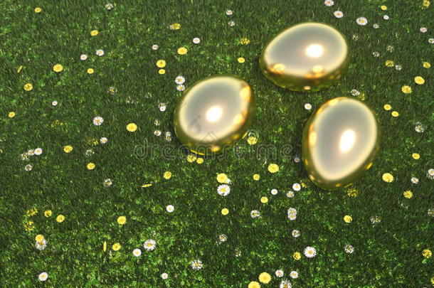 金蛋躺在绿色的草地上
