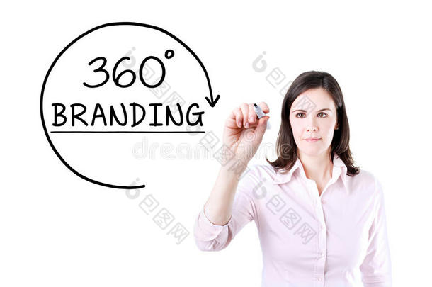 女商人在虚拟屏幕上画出一个<strong>360度</strong>的品牌概念。