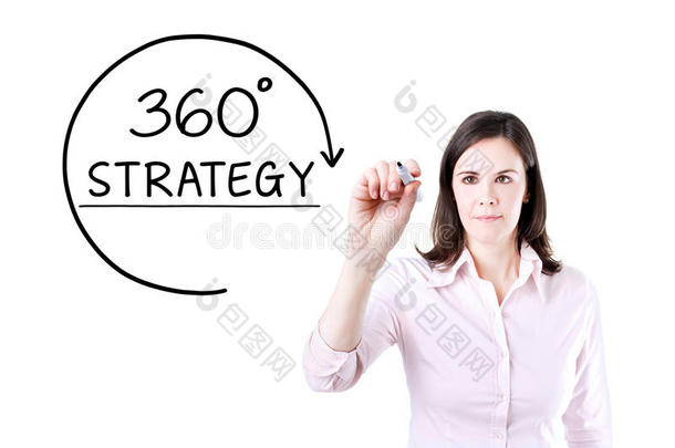 女商人在虚拟屏幕上画出一个<strong>360度</strong>的战略概念。