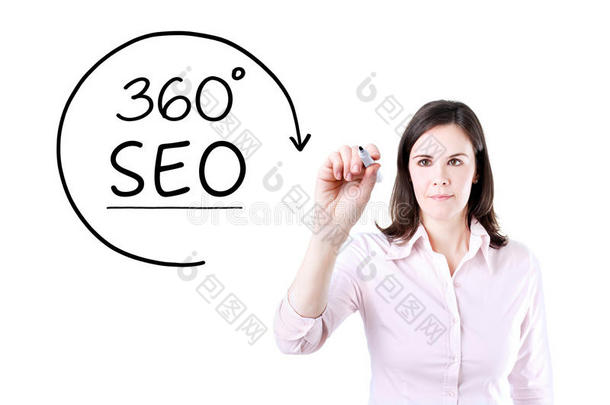 女商人在虚拟屏幕上画了一个<strong>360度</strong>搜索引擎优化的概念。