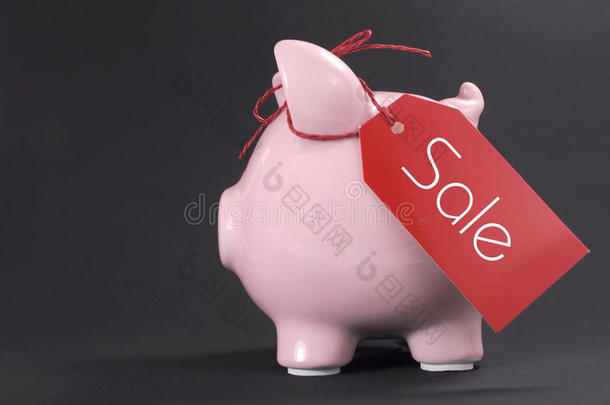 黑色星期五购物大减价概念，小猪存钱罐上挂着红色的售票标签