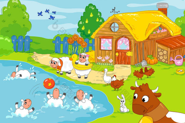 有趣的农场和玩耍的动物。儿童插画