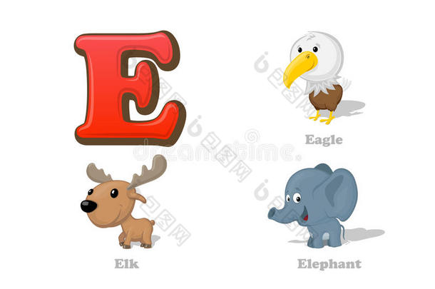 abc字母e搞笑儿童图标集：鹰，麋鹿，大象