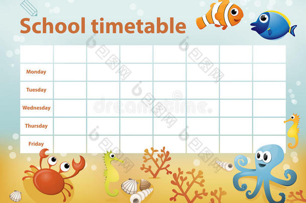 以卡通海洋动物为背景的学校时间表