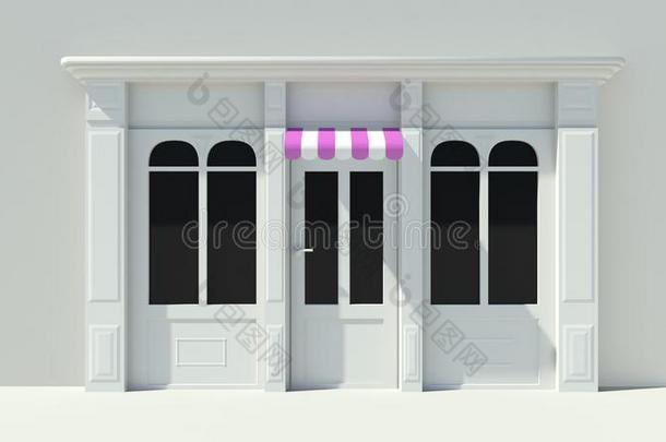 阳光明媚的<strong>店面</strong>，大窗户，白色<strong>店面</strong>，紫粉色和白色遮阳篷