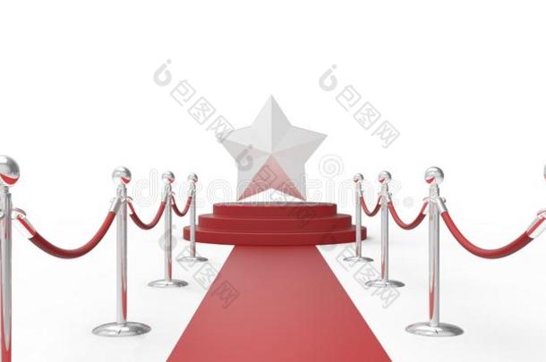 红地毯上的银色铬星<strong>vip</strong>路白灰色背景上的铬银栅栏