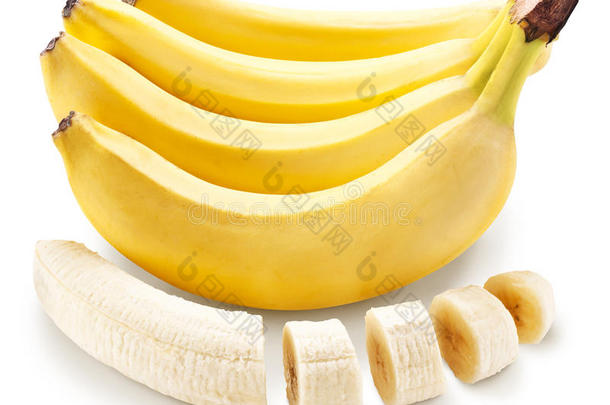 香蕉水果与香蕉片在白色背景。