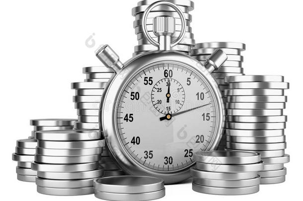 <strong>时间就是金钱</strong>-秒表和银币的3d插图