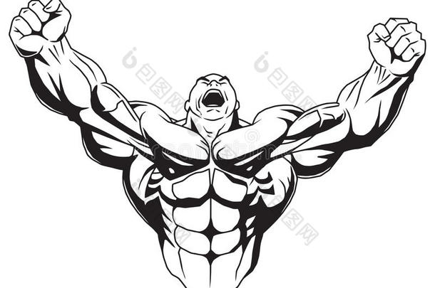 健美运动员举起肌肉发达的手臂