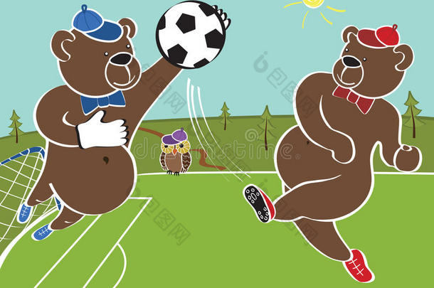 两只棕熊在玩足球。卡通幽默插画