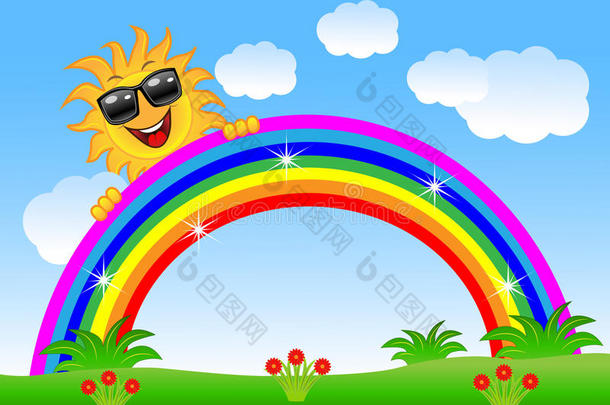 快乐的太阳从彩虹中露出来