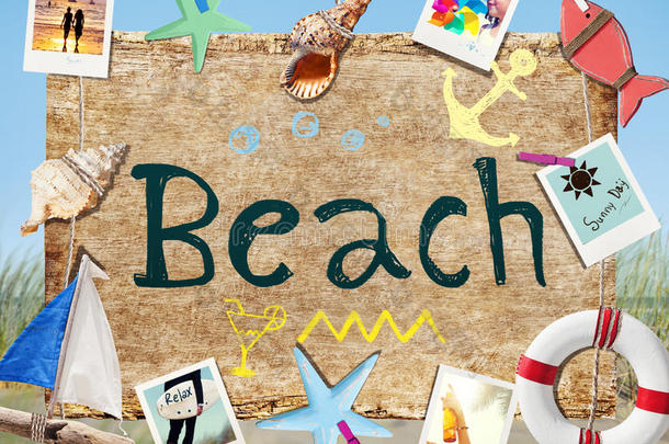 带有夏季物品和照片的海滩悬挂招牌