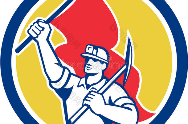 <strong>煤矿</strong>工人安全帽手持斧头和旗帜复古