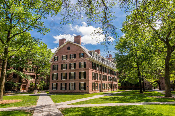 美国康涅狄格州纽黑文，夏日蓝天下的耶鲁大学建筑