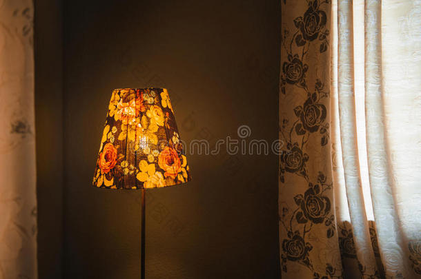 老式卧室<strong>落地灯</strong>在房间的一角发出橙色的光