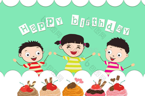 儿童生日快乐卡和纸杯蛋糕