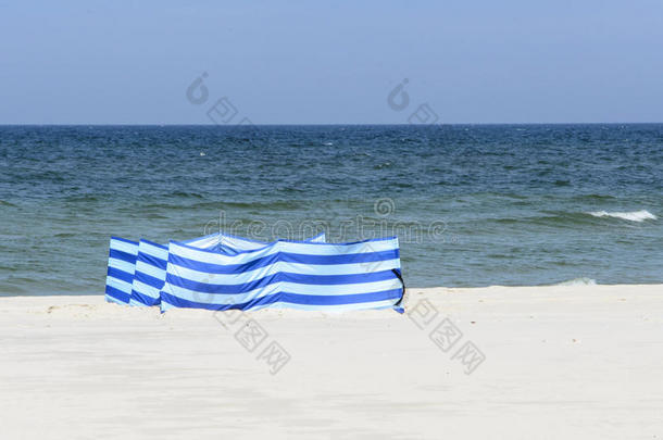 波兰海滨宽阔的金色沙滩上的防风林
