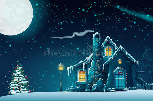 <strong>圣诞之夜</strong>，有一座漂亮的房子和一棵<strong>圣诞</strong>树