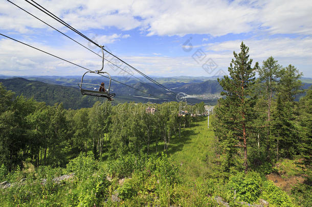夏季景观中的滑雪缆车。
