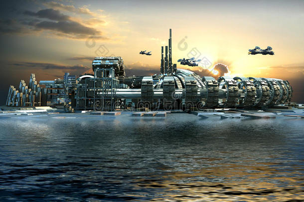 有码头和呼啸飞机的未来城市