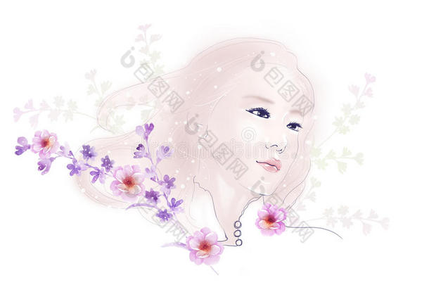 简单背景下的水彩插画花卉和美女肖像