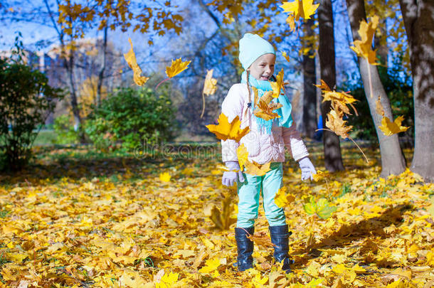 可爱的小女孩在温暖晴朗的秋日户外活动