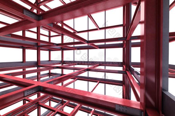 红钢框架建筑室内透视效果图