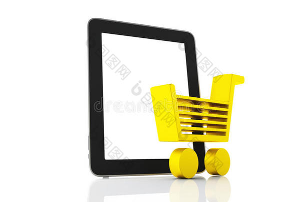 网络购物概念。购物车和平板电脑