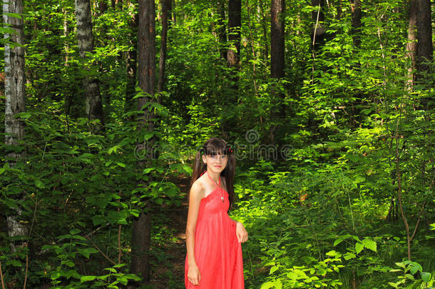 森林里穿红裙子的女孩