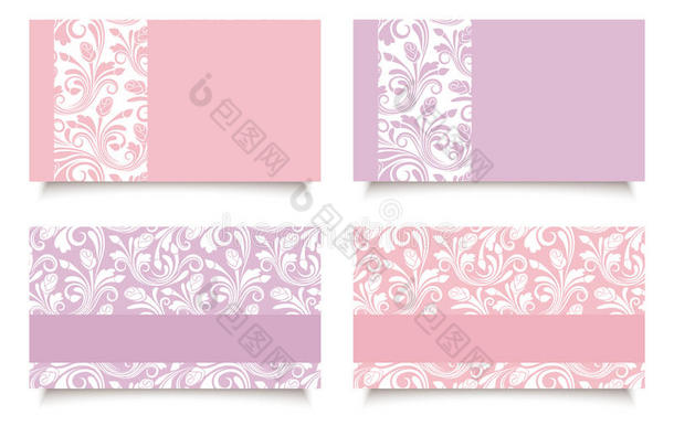 粉色和紫色的花朵图案名片。矢量eps-10。