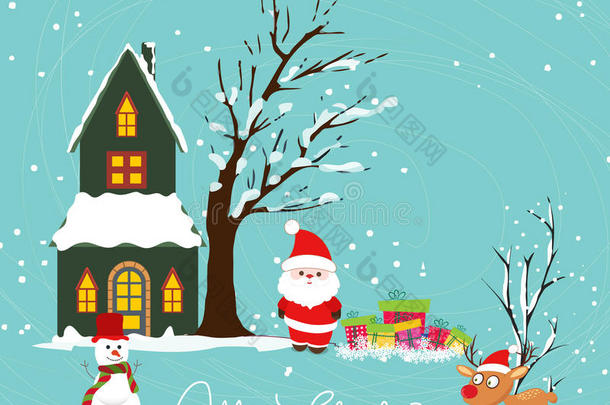 圣诞快乐圣诞老人，雪人，鹿和礼物