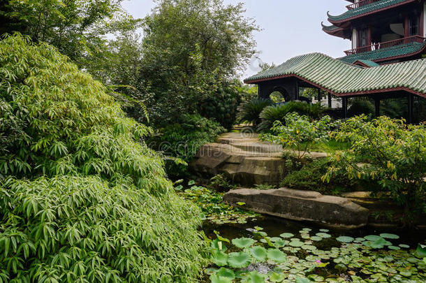 中国传统建筑前的荷塘