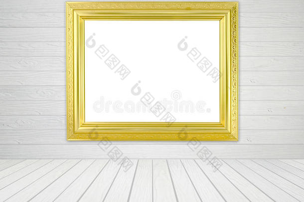 房间内的空白金色框架，白色木墙和木地板