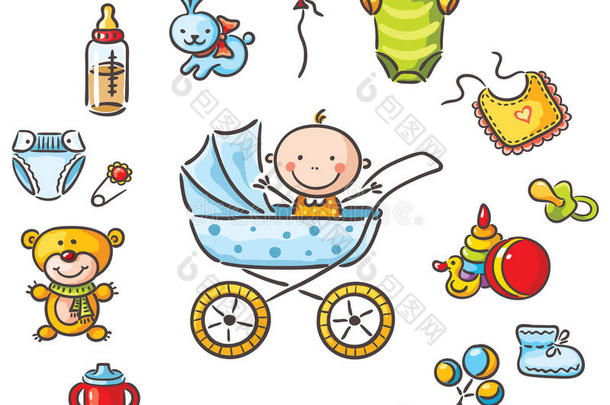 婴儿在婴儿车里带着婴儿用品
