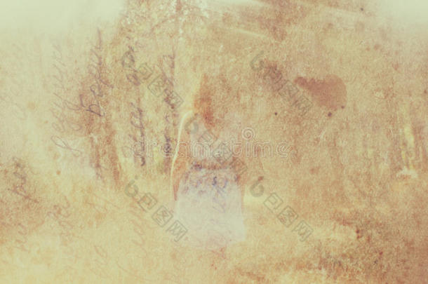 森林里站着的年轻女人的超现实的模糊背景。抽象而梦幻的概念。图像具有纹理和复古色调
