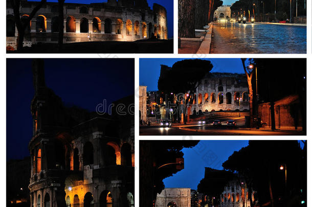 斗兽场。古罗马的夜废墟。一组照片