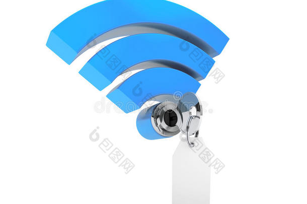 <strong>wifi</strong>互联网安全概念。带有空白标签的3d符号<strong>wifi</strong>和钥匙
