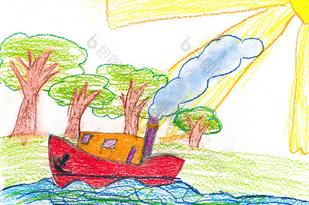 <strong>船靠岸</strong>航行。儿童绘画。