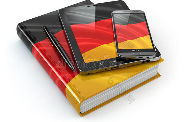 德语学习。移动设备、智能手机、平板电脑和书籍