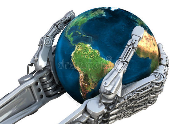 机器人控制着地球。掌握高科技的星球。概念