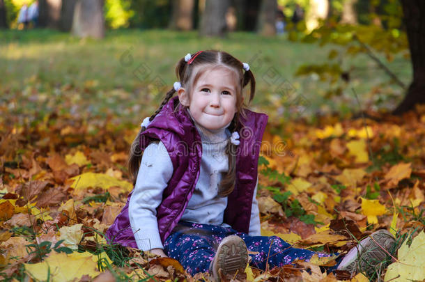 阳光明媚的秋天公园里坐在树叶上的女孩