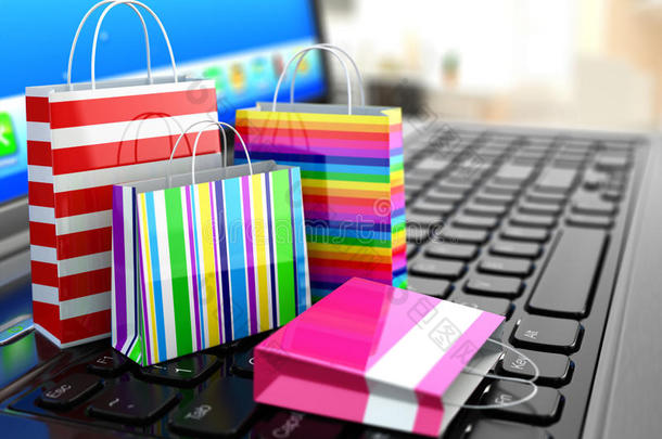 电子商务。 <strong>网上网上</strong>购物。 笔记本电脑和购物袋。