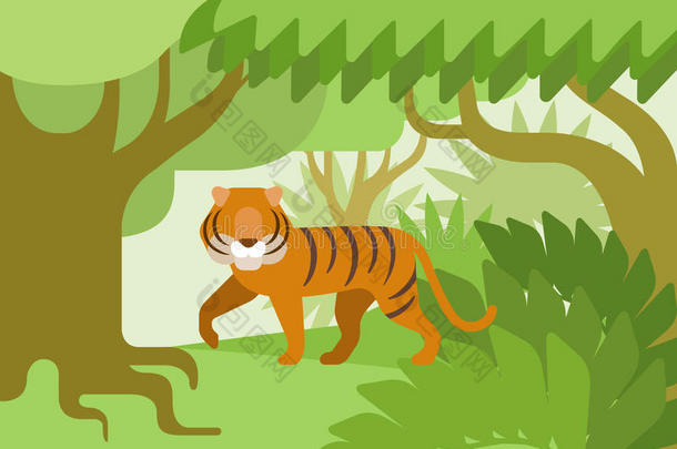 老虎丛林栖息地平面设计卡通载体野生动物