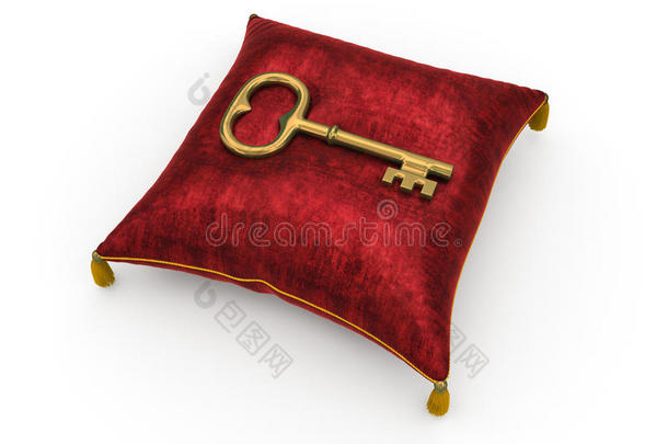 白色背景上独立的皇家红色天鹅绒枕头上的金钥匙