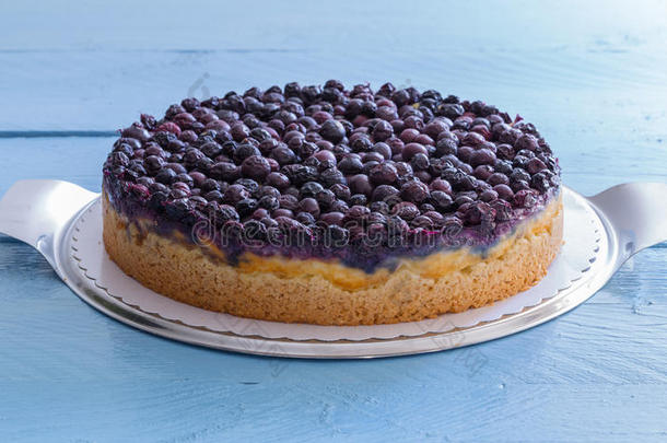 蓝莓芝士蛋糕，蓝莓点缀在乡村的木头上