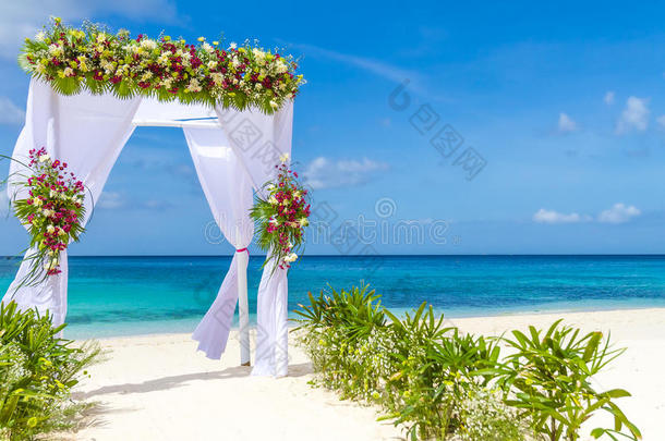 婚礼拱门和海滩设置，热带户外婚礼