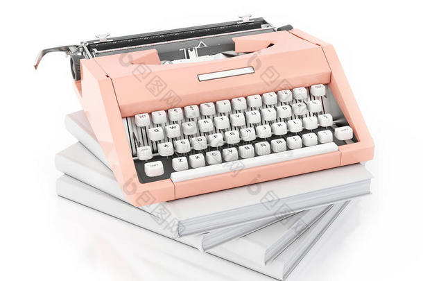复古<strong>粉色</strong>打字机的三维<strong>模型</strong>，在一堆空白书籍上，孤立在白色背景上