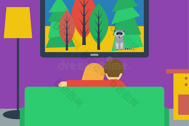 平面插画，情侣看电视坐着